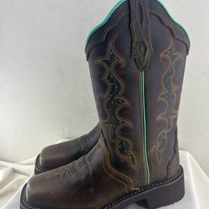 Justin Raya Boots Leather Heeled Boots with Turquoise Trim size 6.5